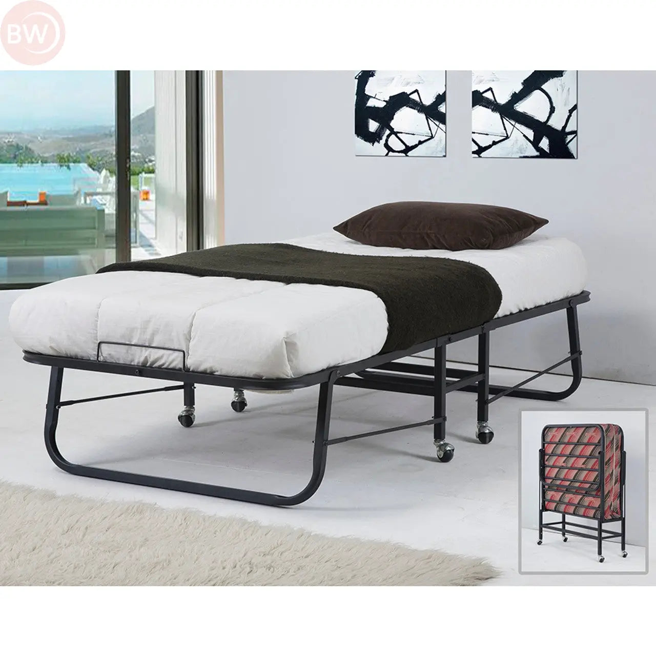 Fold-out single bed with foam mattress, black metal frame, white mattress and dark cover